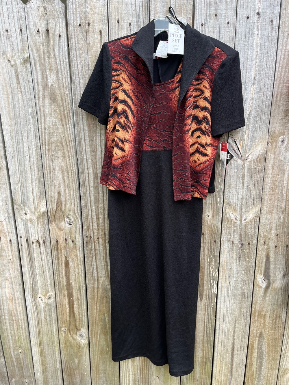 R&K Black Jumpsuit with Rust Red & Orange Patterned Jacket